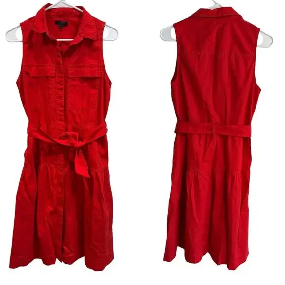 J. Crew Red Cotton Button Down Collar Pockets Sleeveless Belted Tiered Dress- 6 - Picture 1 of 11